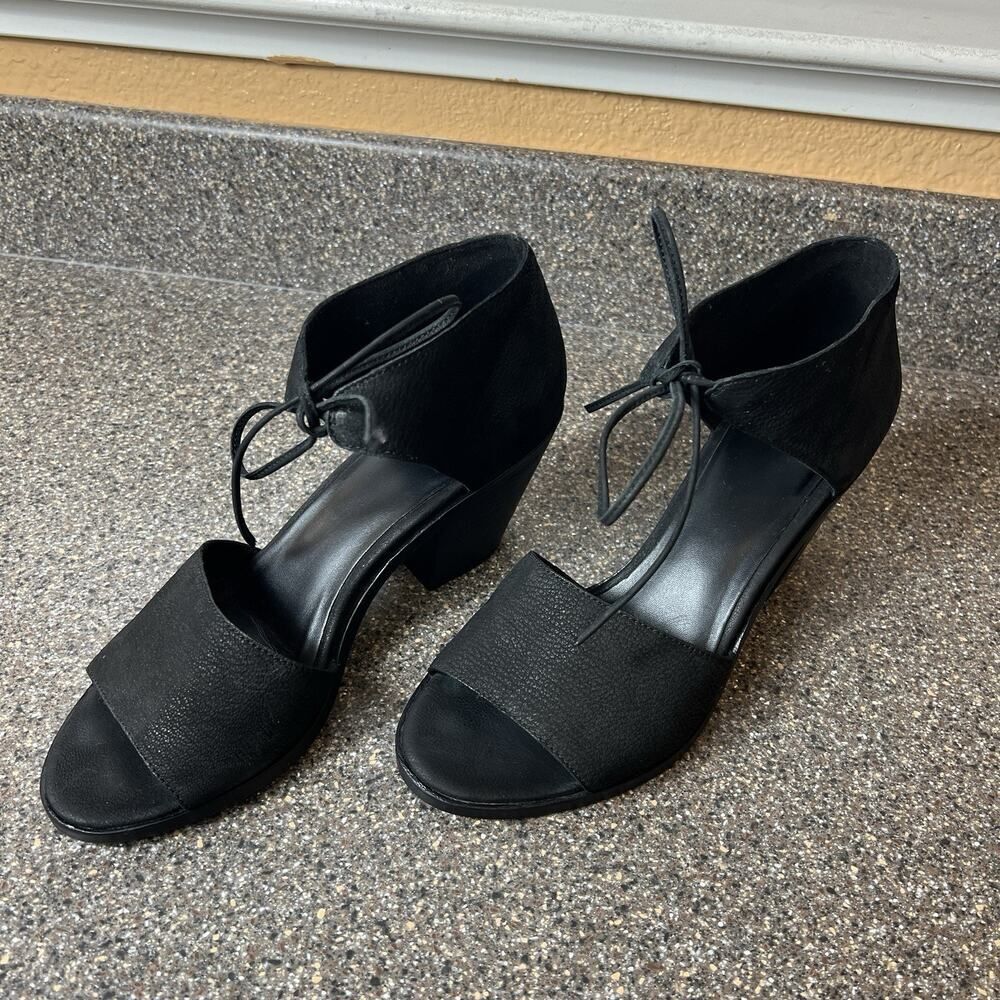 Eileen Fisher Black Textured Leather Chunky Heels Tie Up Peep Toe Women's Sz 9.5 - Picture 3 of 11